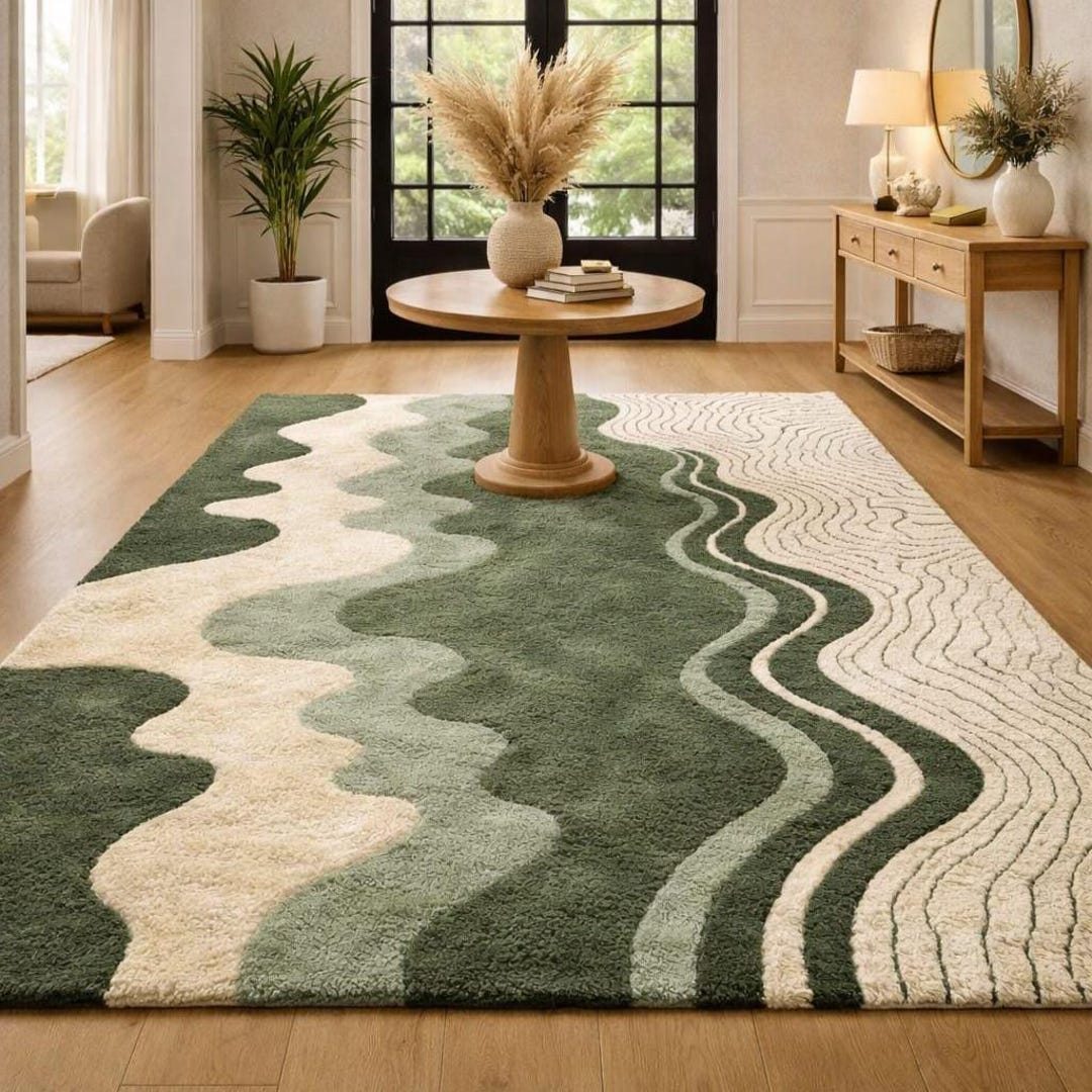Hand Tufted Sage Green Wool Rug – Modern Abstract Organic Wave Area Rug ...