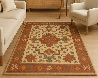 Rust Oriental Area Rug, Hand Tufted Wool Rug, Vintage Persian Style Carpet, Beige Traditional Rug, Luxury Living Room Rug