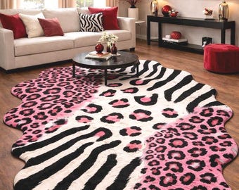 Hand Tufted Pink Leopard Zebra Rug, Custom Irregular Animal Print Wool Area Rug, Funky Cheetah Shag Carpet, Trendy Eclectic Dopamine Decor