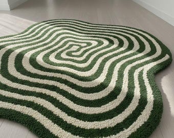 Modern Abstract Wavy Rug Green Cream | Hand Tufted Wool Area Rug | Contemporary Statement Carpet for Living Room