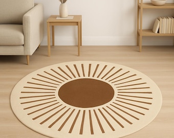 Alfombra redonda moderna con diseño de rayos de sol, alfombra redonda de lana tejida a mano, alfombra de área color crema y marrón, alfombra circular moderna orgánica, alfombra de lujo hecha a mano