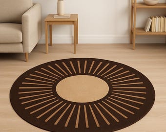 Round Sunburst Rug, Hand Tufted Wool Round Rug, Brown Beige Area Rug, Modern Abstract Circle Carpet, Luxury Handmade Rug