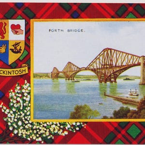 May include: Vintage postcard featuring the Forth Bridge in Scotland. The image shows the bridge spanning a body of water, with a boat and buildings visible. The postcard has a red plaid border and the text "FORTH BRIDGE."