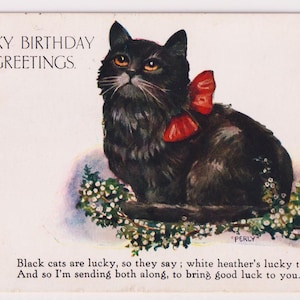Carte postale vintage d'anniversaire d'artiste, CHAT NOIR porte-bonheur, Heather, « PERLY », postée en 1929