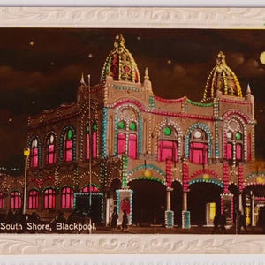 Carte postale vintage avec photo réelle, Casino Rive-Sud, BLACKPOOL, Enluminures, Pleine Lune, c1930