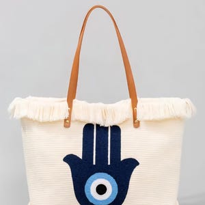 Boho Evil Eye Tote Bag: Hamsa Hand Canvas Beach Bag with Leather Straps