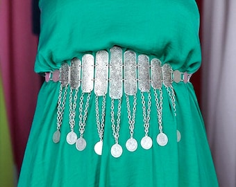 Hippie Coin Waist Belt, Silver Plated Belly Dance Chain, Festival Jewelry