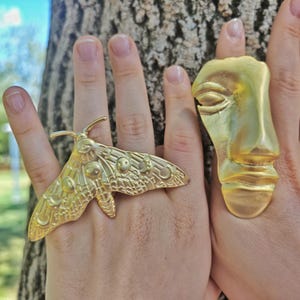 Peut inclure: Deux bagues dorées sont présentées. L'une est ornée d'un motif de papillon détaillé, l'autre d'un visage stylisé. Les bagues sont portées aux doigts, mettant en valeur leurs détails complexes et leur éclat métallique. L'arrière-plan est un cadre naturel flou.