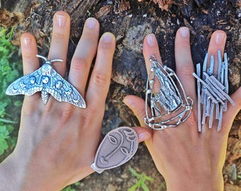 Authentic Soul, Boho Moon and Sphere Ethnic Textured Ring Set
