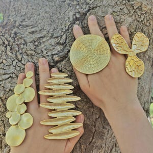 May include: Four gold-colored statement rings are displayed. One ring is a large, textured circle. Another is a three-lobed design. The other two rings have an organic, layered design. The rings are shown against a tree trunk.