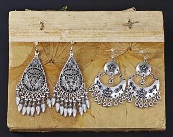 Boho Dangle Earrings, Vintage Silver Plated Tribal Jewelry