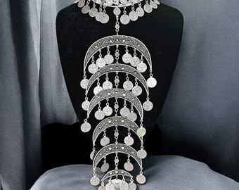 Boho Coin Necklace | Silver Plated Tribal Belly Dance Statement Jewelry