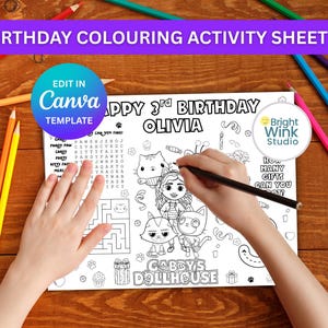 Kids Birthday Coloring Page, Printable Personalized Placemat, Kitty Cat Activity Sheet, Editable Template, DIY Party Favor