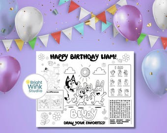 Blue Pup Birthday Activity Placemat – Printable Coloring Page – US Letter & A4 – Name Personalization – Instant Download