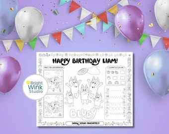 Blue Shark Birthday Activity Placemat – Printable Coloring Page – US Letter & A4 – Name Personalization – Instant Download