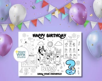 Blue Pup Birthday Activity Placemat – Printable Coloring Page – US Letter & A4 – Name  and Age Personalization - Instant download