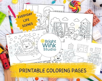 Pode incluir: Páginas para colorir imprimíveis com cenas da vida cotidiana. A imagem mostra várias ilustrações em preto e branco de crianças em vários ambientes, incluindo um parque infantil, uma cozinha e uma banheira. O texto "Everyday Life Scenes" e "Printable Coloring Pages" também são visíveis.