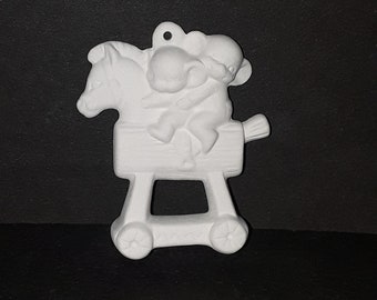Ceramic Bisque Baby mice on wooden horse Ornament  (U-PAINT)