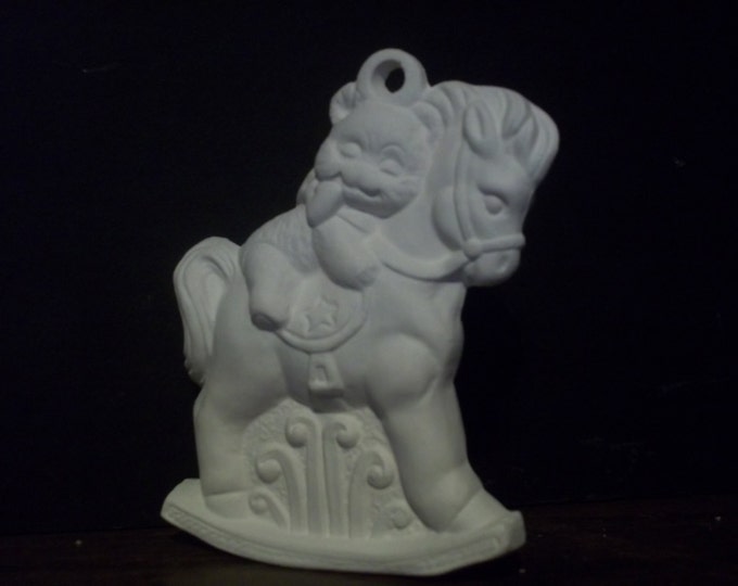 Ceramic bisque christmas ornament ( Teddy Bear on Rocking Horse ) U-PAINT