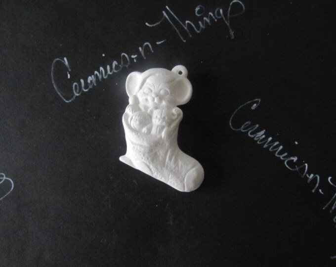 Ceramic bisque christmas ornament ( Mouse holding toy Stocking ) U-PAINT