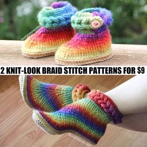 CROCHET PATTERN: Two Boot Patterns (Knit-Look Braid Stitch Baby/Adult) for 9 - Permission to Sell Finished Product
