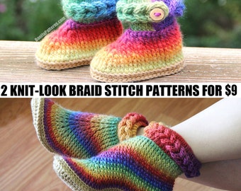 CROCHET PATTERN: Two Boot Patterns (Knit-Look Braid Stitch Baby/Adult) for 9 - Permission to Sell Finished Product