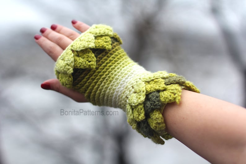 CROCHET PATTERN: Crocodile Dragon Stitch Leafy Fingerless Gloves Permission to Sell Finished Product image 2