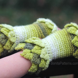 CROCHET PATTERN: Crocodile Dragon Stitch Leafy Fingerless Gloves Permission to Sell Finished Product image 4