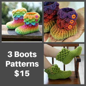 CROCHET PATTERN: Three Dragon Crocodile Boot Patterns (Crocodile Stitch Baby/Child/Adult) for 13 - Permission to Sell Finished Product