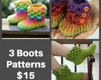 CROCHET PATTERN: Three Dragon Crocodile Boot Patterns (Crocodile Stitch Baby/Child/Adult) for 13 - Permission to Sell Finished Product