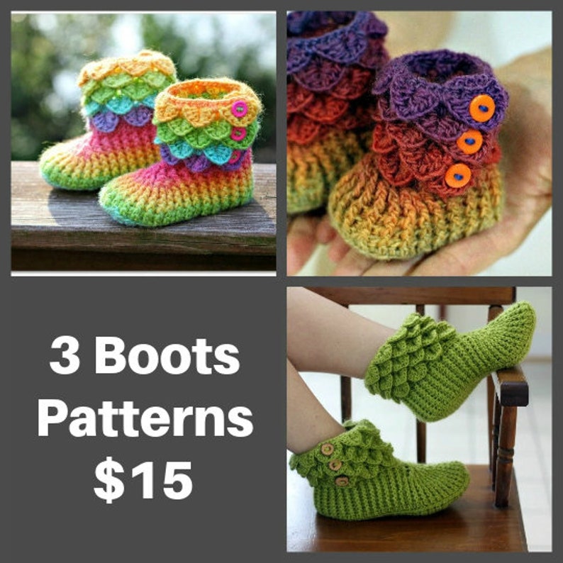 CROCHET PATTERN: Three Dragon Crocodile Boot Patterns Crocodile Stitch Baby/Child/Adult for 13 Permission to Sell Finished Product image 1