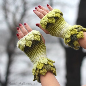 CROCHET PATTERN: Crocodile Dragon Stitch Leafy Fingerless Gloves Permission to Sell Finished Product image 1