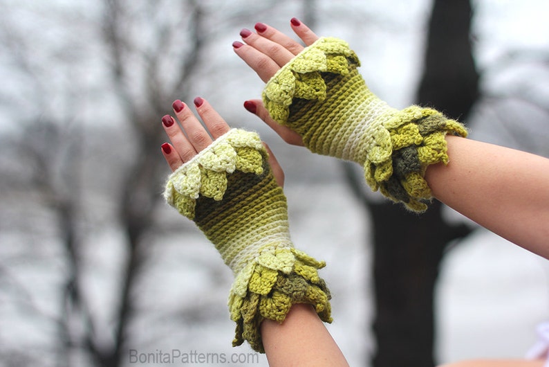 CROCHET PATTERN: Crocodile Dragon Stitch Leafy Fingerless Gloves Permission to Sell Finished Product image 1