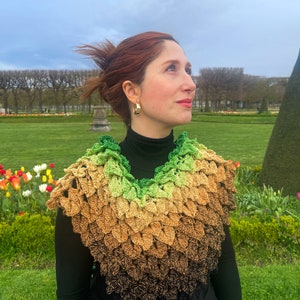 Può includere: Una donna indossa una camicia nera a collo alto e uno scialle all'uncinetto con un gradiente di verde, giallo e marrone. Lo scialle è fatto di piccoli punti a forma di foglia.