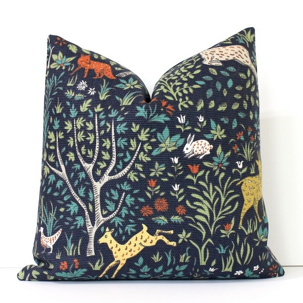 Flora und Fauna dekorative Designer Kissen decken Akzent gold grün orange Teal roten Vogel Fuchs Ziege Hirsch Hase navy blau Tiere Blumen Natur