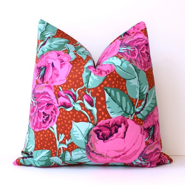 Modern Pink Green Orange Decorative Pillow Cover  Accent floral large flowers aqua blooms neon fuchsia roses orange mint rust spots