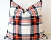 Plaid Tartan Decorative Designer Pillow Red Black Accent Throw Cushion Cover Rustic Modern farmhouse christmas holiday winter White