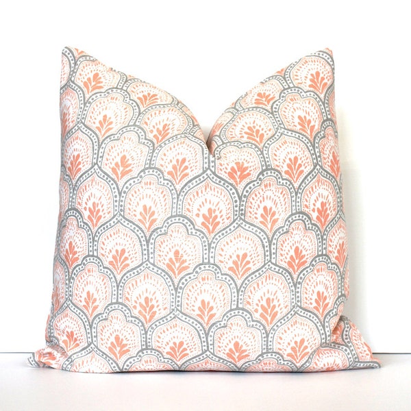 Apricot and White Decorative Designer Pillow Cover accent throw cushion modern preppy peach salmon light orange grey floral coral medallion