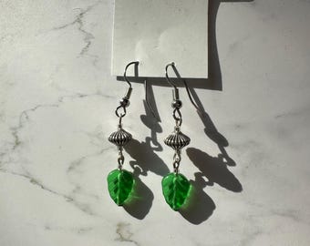 Green Leaf Dangle Earrings: Handmade Cottagecore Nature Jewelry
