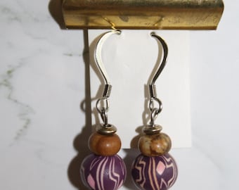 Earthy Boho Dangle Earrings – Purple Clay Beads with Brown Stone Accents, Lightweight Handmade Jewelry
