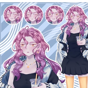 Cute Anime Girl PNGTuber | Pink Purple Hair | Coffee in Hand | Premade Avatar for VeadoTube | Emotions | Fangs