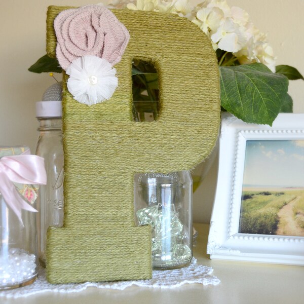 OLIVE GREEN Jute Wrapped Monogram Letter P Wreath RUSTIC Wedding Decor Burlap Style Pink Pearl White Tulle Nursery Baby Shower Gift