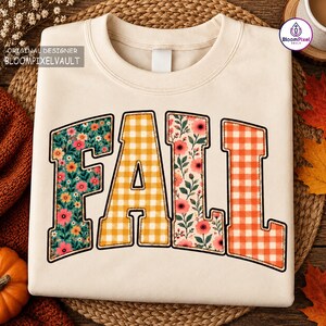 Herbst-PNG, Herbst-Patchwork-PNG, Blumen-Gingham-Design, Preppy-Herbsthemd, College-PNG, Mädchenhaftes Thanksgiving-Sublimationsmuster, Digitaler Download