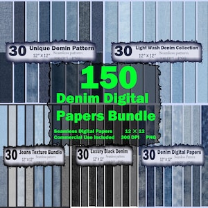 May include: A digital bundle of 150 seamless denim patterns in various shades of blue, black, and grey. The collection includes 30 unique denim patterns, 30 light wash denim, 30 jeans textures, 30 luxury black denim, and 30 digital papers, all 12x12 inches.