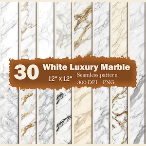 May include: A collection of 30 white luxury marble seamless patterns in PNG format, each measuring 12 inches by 12 inches at 300 DPI. The digital graphics display various marble textures with white, gray, black, and gold veining throughout.