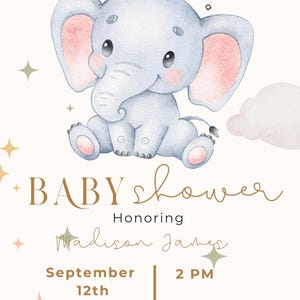 Convite editável para chá de bebê elefante - Tema Dumbo neutro em termos de gênero - Download de modelo do Canva