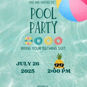 Editable Pool Party Birthday Invitation - Boys and Girls Summer Fun - DIY Template