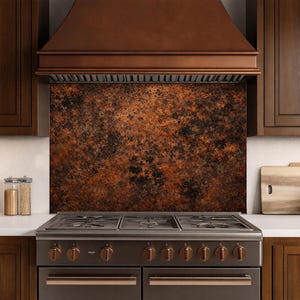 Dark Copper Tempered Glass Stove Backsplash – Textured Metal Kitchen Panel