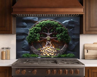 Backsplash kachel van gehard glas Keltische levensboom – Hittebestendig keukenwandpaneel