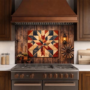 Salpicadero de cocina con diseño de colcha rústica de granja americana: panel de vidrio templado para la parte trasera de la estufa.